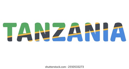 The country name TANZANIA is displayed in large, bold letters. Each letter is filled with the colors and symbols of the Tanzanian flag.