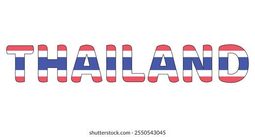 The country name THAILAND is displayed in large, bold letters. Each letter is filled with the colors and symbols of the Thai flag.