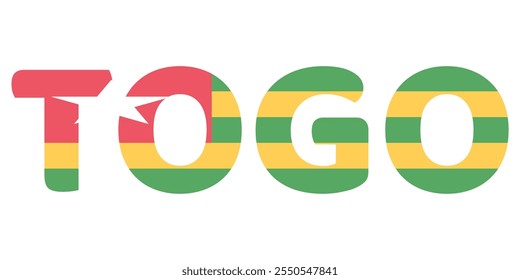 The country name TOGO is displayed in large, bold letters. Each letter is filled with the colors and symbols of the Togolese flag.