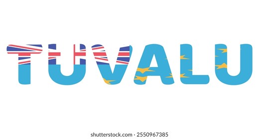 The country name TUVALU is displayed in large, bold letters. Each letter is filled with the colors and symbols of the Tuvaluan flag.