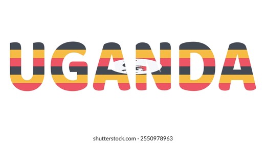 The country name UGANDA is displayed in large, bold letters. Each letter is filled with the colors and symbols of the Ugandan flag.