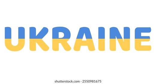 The country name UKRAINE is displayed in large, bold letters. Each letter is filled with the colors and symbols of the Ukrainian flag.