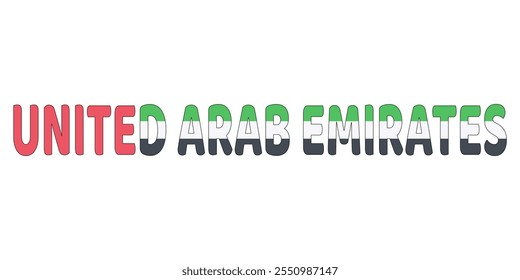 The country name UNITED ARAB EMIRATES is displayed in large, bold letters. Each letter is filled with the colors and symbols of the UAE flag.