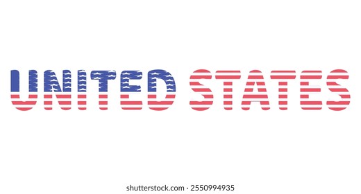 The country name UNITED STATES is displayed in large, bold letters. Each letter is filled with the colors and symbols of the American flag.