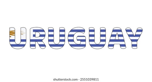 The country name URUGUAY is displayed in large, bold letters. Each letter is filled with the colors and symbols of the Uruguayan flag..