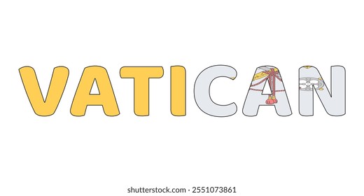 The country name VATICAN is displayed in large, bold letters. Each letter is filled with the colors and symbols of the Vatican City flag.