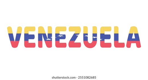 The country name VENEZUELA is displayed in large, bold letters. Each letter is filled with the colors and symbols of the Venezuelan flag.