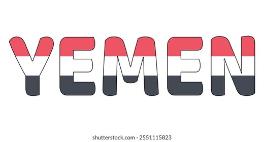 The country name YEMEN is displayed in large, bold letters. Each letter is filled with the colors and symbols of the Yemeni flag.