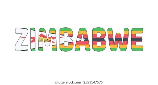 The country name ZIMBABWE is displayed in large, bold letters. Each letter is filled with the colors and symbols of the Zimbabwean flag.