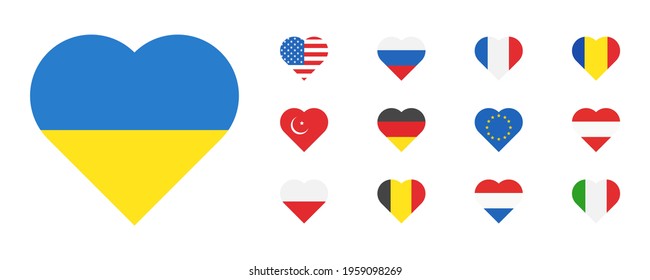 Country national heart flag collection. Vector illustration. Flags of 
different countries icon set on white background.