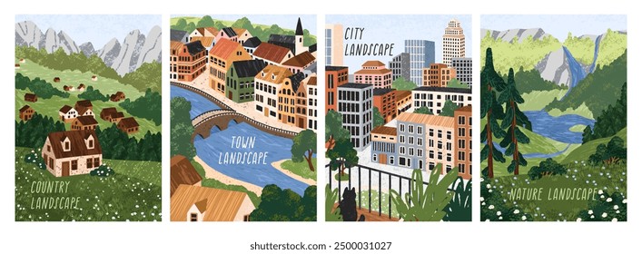 Country naturaleza y paisajes urbanos, paisaje urbano, conjunto de carteles. Casas de campo, campos, prados, montaña, río en la ciudad y vistas urbanas, tarjetas y postales. Ilustración vectorial plana