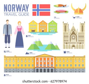 Country Norway travel vacation guide of goods, places and features. Set of architecture, people, culture, icons background concept. Infographics template design for web and mobile. On flat style