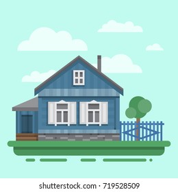 Country old blue house with fence, trees. Colorful village russian old house. Countryside colored wood house. Cute outback hut with decoration. Vector illustration art with blockhouse.