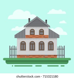 Country old gray house with fence. Colorful village russian old house. Countryside colored wood house. Cute outback hut with decoration, grass. Vector illustration art with blockhouse.