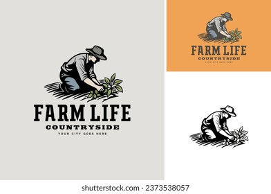 Country Old Man Farmer Harvesting Vegetable Plant. Vintage Soy Farm Land Rural Countryside logo design 