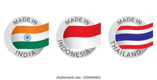 Country of origin icons set - Made in India, Thailand and Indonesia - isolated badges with country flag