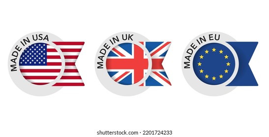 Country of origin icons set - Made in USA, United kingdom and European Union - isolated badges with flag