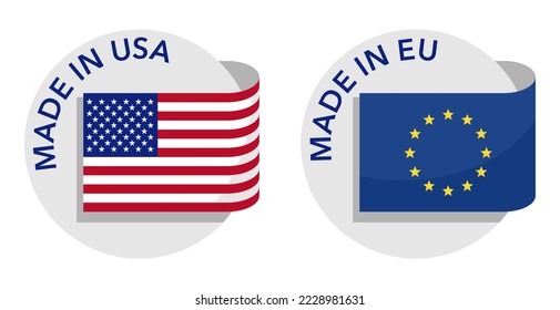 Country of origin icons set - Made in USA and European Union - isolated badges with flag