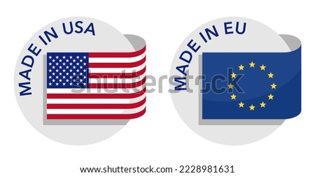 Country of origin icons set - Made in USA and European Union - isolated badges with flag
