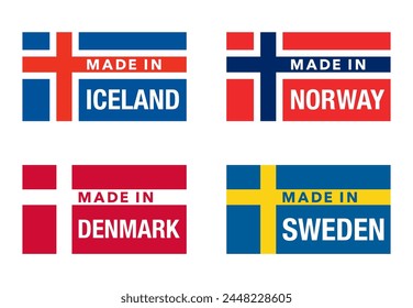 Country of origin labels set - Made in Iceland, Norway, Denmark and Sweden - isolated badges with same flags design