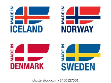 Country of origin labels set. Made in Iceland, Norway, Denmark and Sweden - isolated badges with same flags design