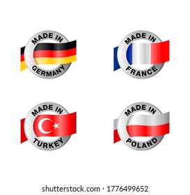 Country of origin marking set - Made in Germany, Poland, France and Turkey - isolated icon with country flag