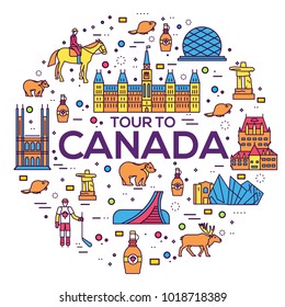 Country outline Canada travel vacation guide of goods, places and features. Circle set of architecture, fashion, people, items, nature background concept. Infographic template design on thin line 