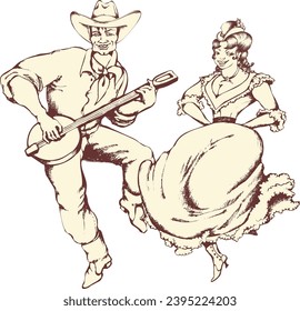 Country party. Cheerful couple in country style. A guy playing the banjo and a dancing girl in Victorian costume.
