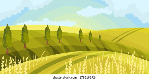 Country Pasture Land and Clear Sky as Green Landscape Vector Illustration
