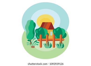Country plot with house. Trees, shrubs. Behind a small fence, lots of greenery. Vector illustration in flat design style.
