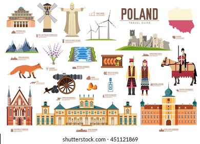 Country Poland travel vacation guide of goods, places and features. Set of architecture, fashion, people, items, nature background concept. Infographic template design on flat style