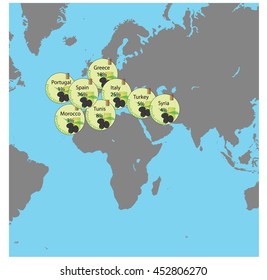 country producers of olive oil on the world map. vector illustration