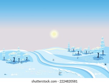 Country road against the backdrop of a winter landscape in pastel colors. Background with the image of a winter sunny day, trees in the snow and a road. Vector illustration.