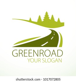 Country Road Curved Highway Vector Perfect Design Illustration Or Logo. The Way To Nature, Trees And Forest Camping And Tourism Travel Theme. Can Be Used As A Road Banner Or Billboard.