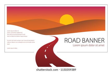 Country road curved highway vector perfect design illustration. The way to nature sunset, hills and fields camping and travel theme. Can be used as a road banner or billboard with copy space for text.