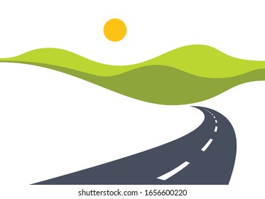 Country road curved highway vector perfect design illustration. The way to nature, hills and fields camping and travel theme. Can be used as a road banner or billboard with copy space for text.