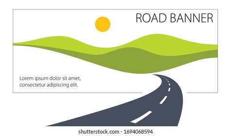 Country road curved highway vector perfect design illustration. The way to nature, hills and fields camping and travel theme. Can be used as a road banner or billboard with copy space for text.