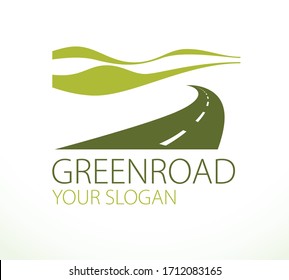 Country Road Curved Highway Vector Perfect Design Illustration Or Logo. The Way To Nature, Hills And Fields Camping And Travel Theme. Can Be Used As A Road Banner Or Billboard.