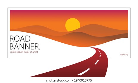 Country Road Curved Highway Vector Perfect Design Illustration. The Way To Nature Sunset, Hills And Fields Camping And Travel Theme. Can Be Used As A Road Banner Or Billboard With Copy Space For Text.