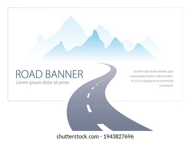 Country Road Curved Highway Vector Perfect Design Illustration. The Way To Nature, Mountains And Rocks Tourism And Travel Theme. Can Be Used As A Road Banner Or Billboard With Copy Space For Text.