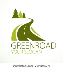 Country road curved highway vector perfect design illustration or logo. The way to nature, trees and forest camping and tourism travel theme. Can be used as a road banner or billboard.