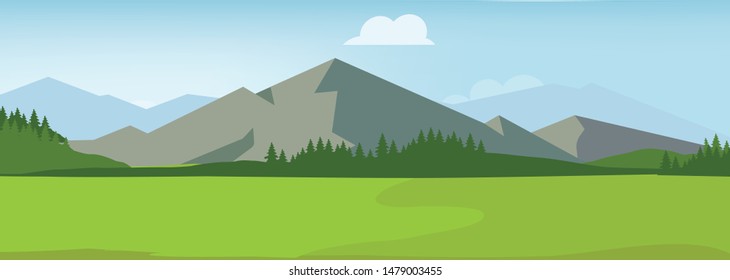 Country road in green field and mountains. Rural street illustration. Summer or spring landscape.