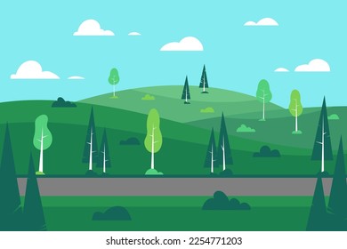 Country road landscape, nature background, green hills. Cartoon flat style forest, tree and sky in countryside, street park scene, grass and road. Summer vector flat garish illustration