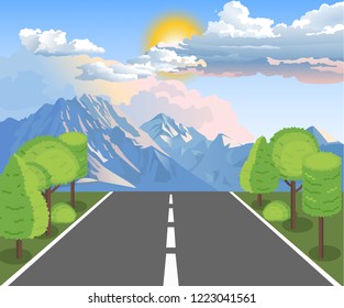 Country road with mountains and trees