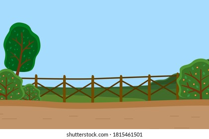 Country road, rural wooden fence, green meadow, flowering bushes, trees. Countryside. Summer time of the year. Clear sky. Flora and fauna. Nature landscape, background for games, trees, mountains