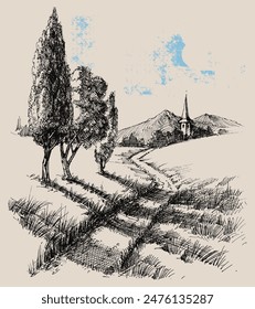 Country road to a small village landscape hand drawing