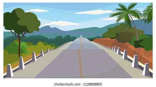 Country road with trees around vector illustration. Fenced modern asphalt way with dividing line. Journey illustration