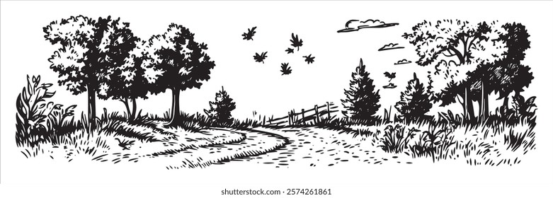 country road with trees, fence, and flying birds illustration