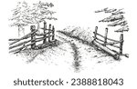 Country road with wood fence and trees along way in hand drawn sketch style. Vintage monochrome nature composition isolated on white background. Vector grayscale retro illustration.