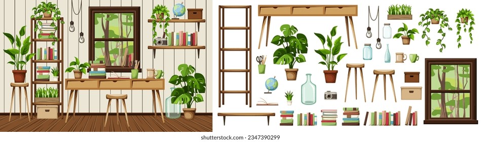 Country room interior design with a desk, shelving, plenty of houseplants, and a window with forest view. Home office in a forest. Furniture set. Interior constructor. Cartoon vector illustration